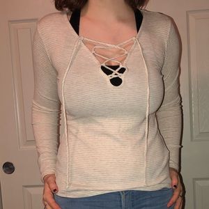 Tight Striped Lace up Long-Sleeve